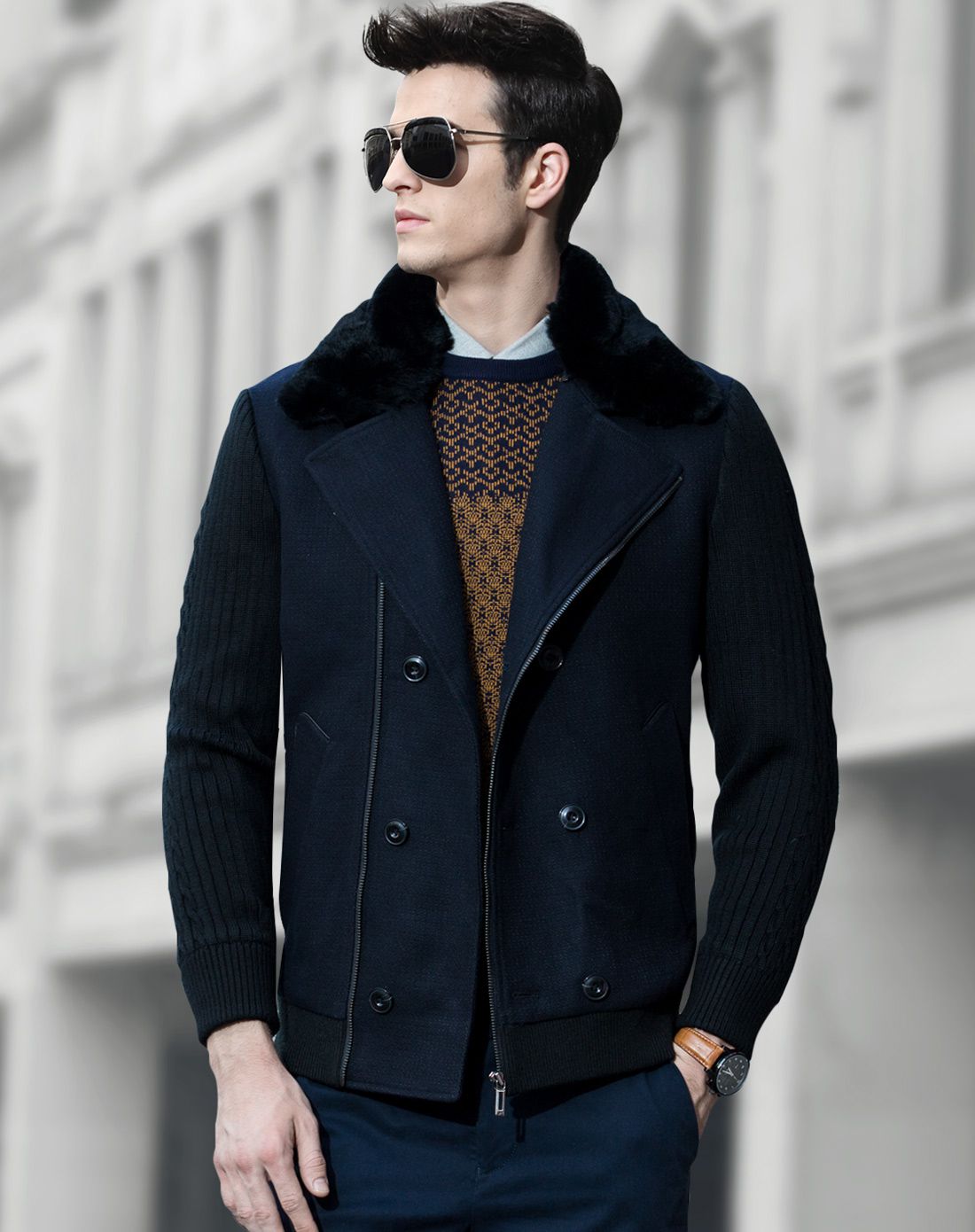 冬季男士大翻毛领夹克外套