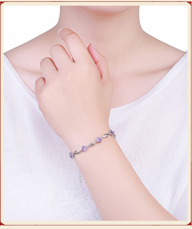 柏诗翠 925镶天然紫水晶时尚甜美四瓣花幸运手链