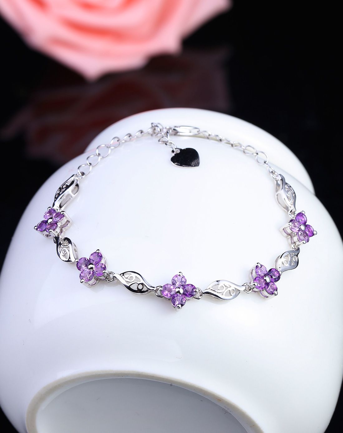 柏诗翠 925镶天然紫水晶时尚甜美四瓣花幸运手链