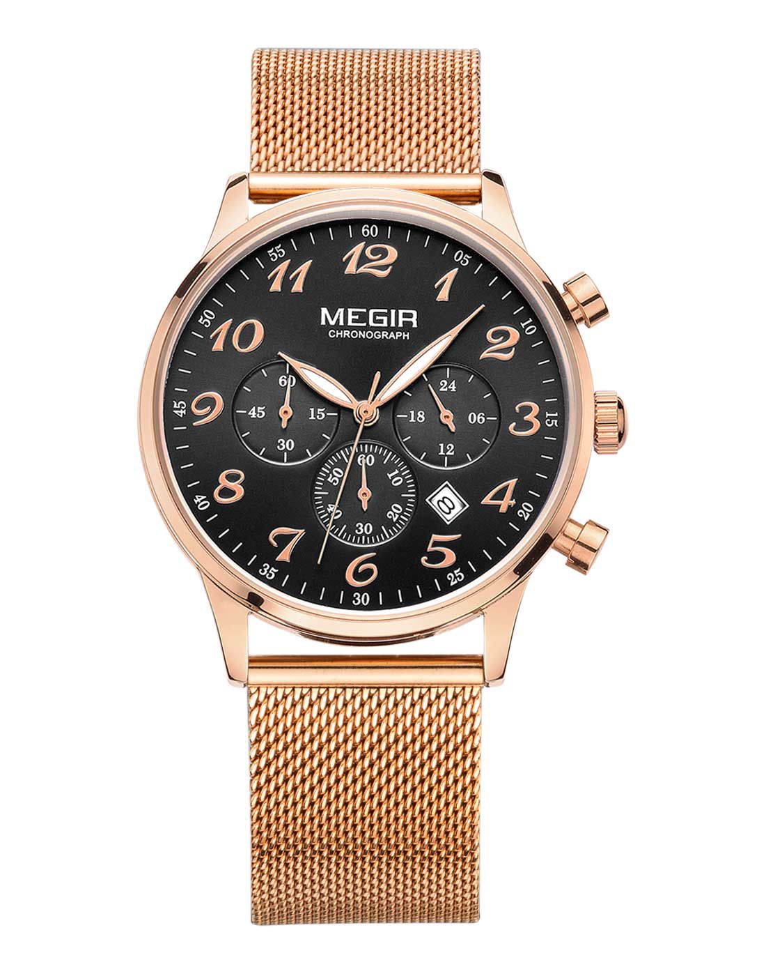 美格尔megir手表专场 megir 正三眼多功能休闲运动石英男表黑面白壳