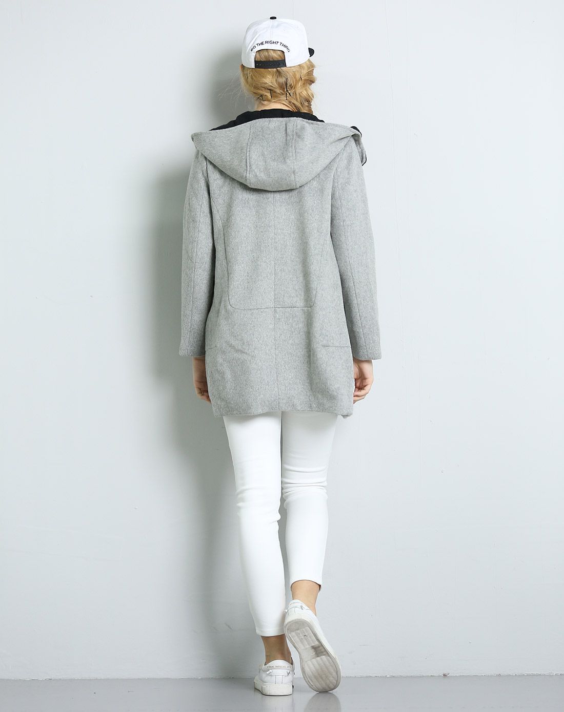 玫瑰灰/带帽合体呢大衣