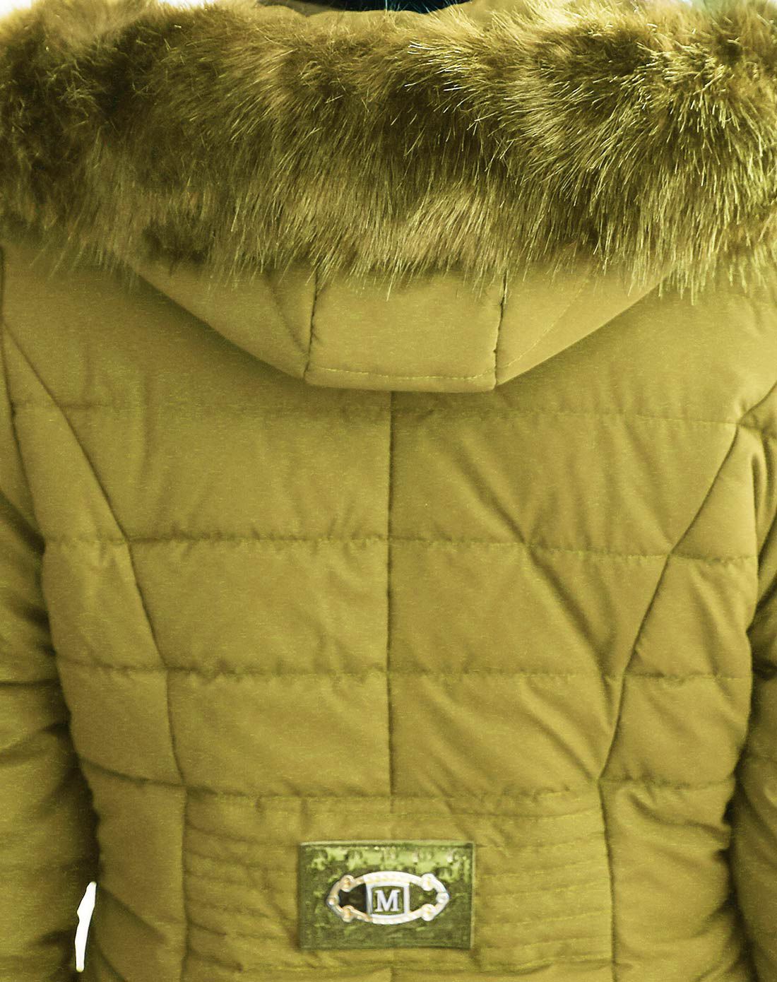 女款秋香黄中长款毛领长袖连帽棉服