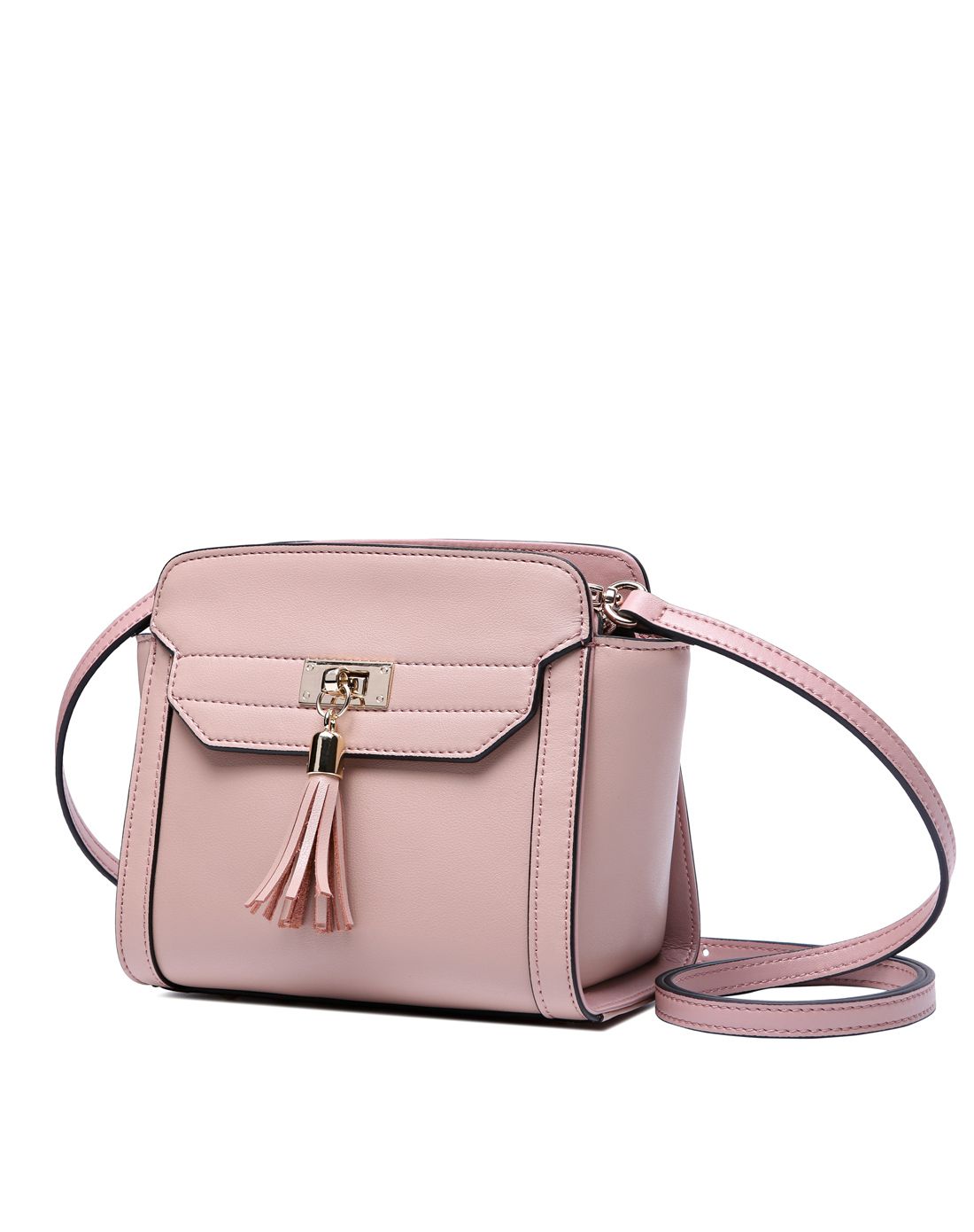 经典锁头设计牛皮女士斜挎包珍珠灰