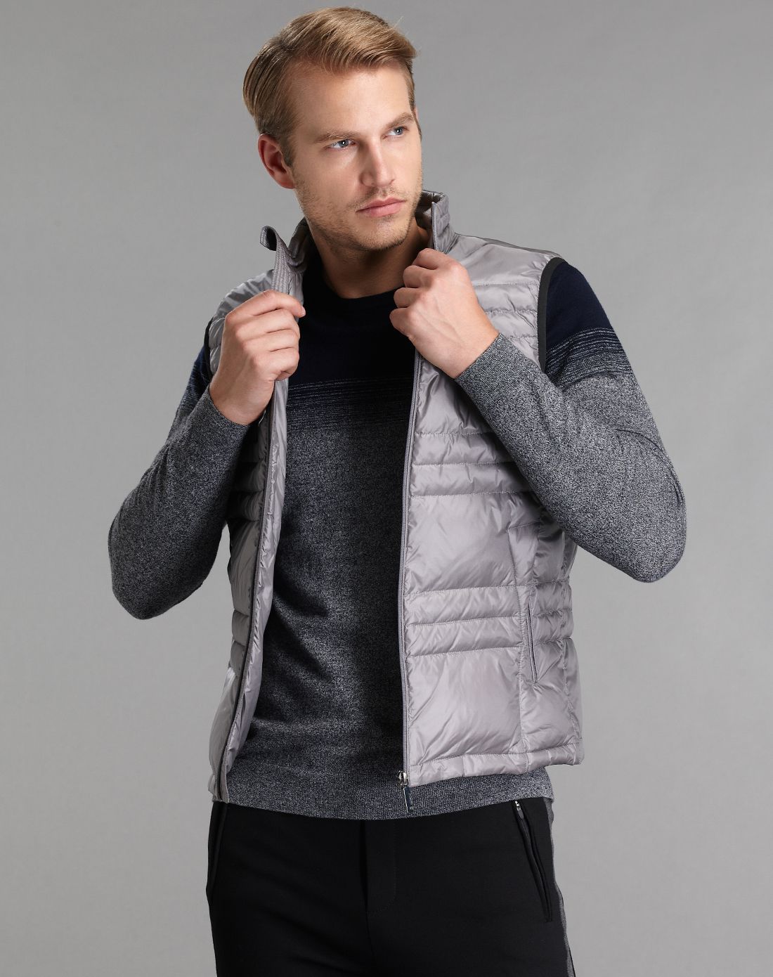 蓝色时尚立领压纹优质白鸭绒男士羽绒背心