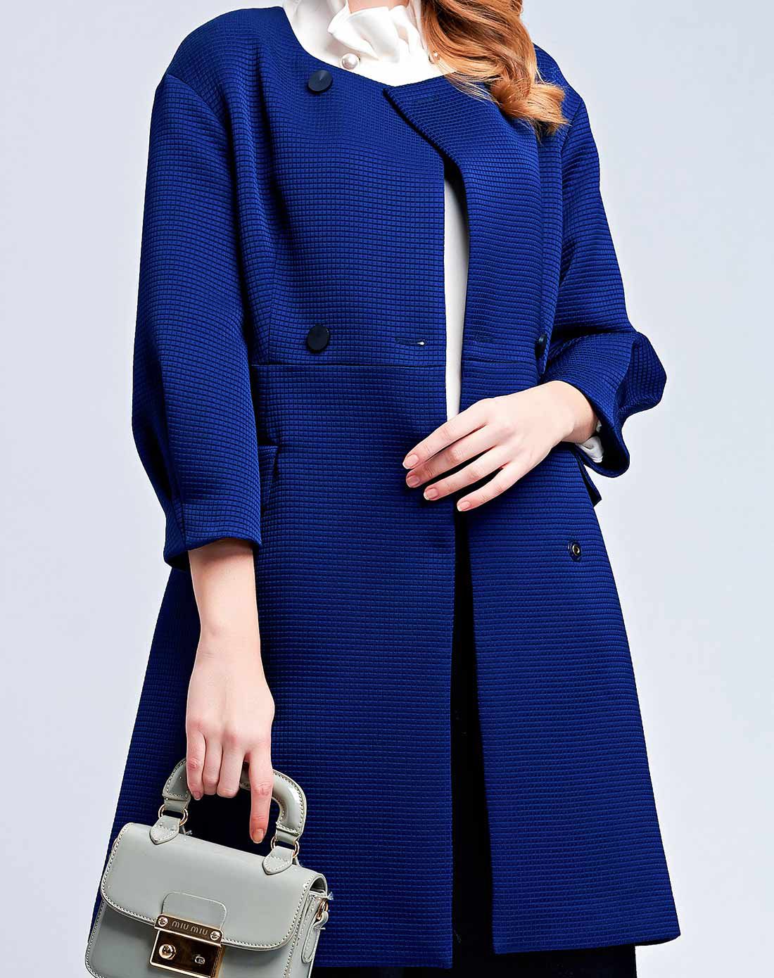 普兰色圆领通勤百搭双排扣半大衣