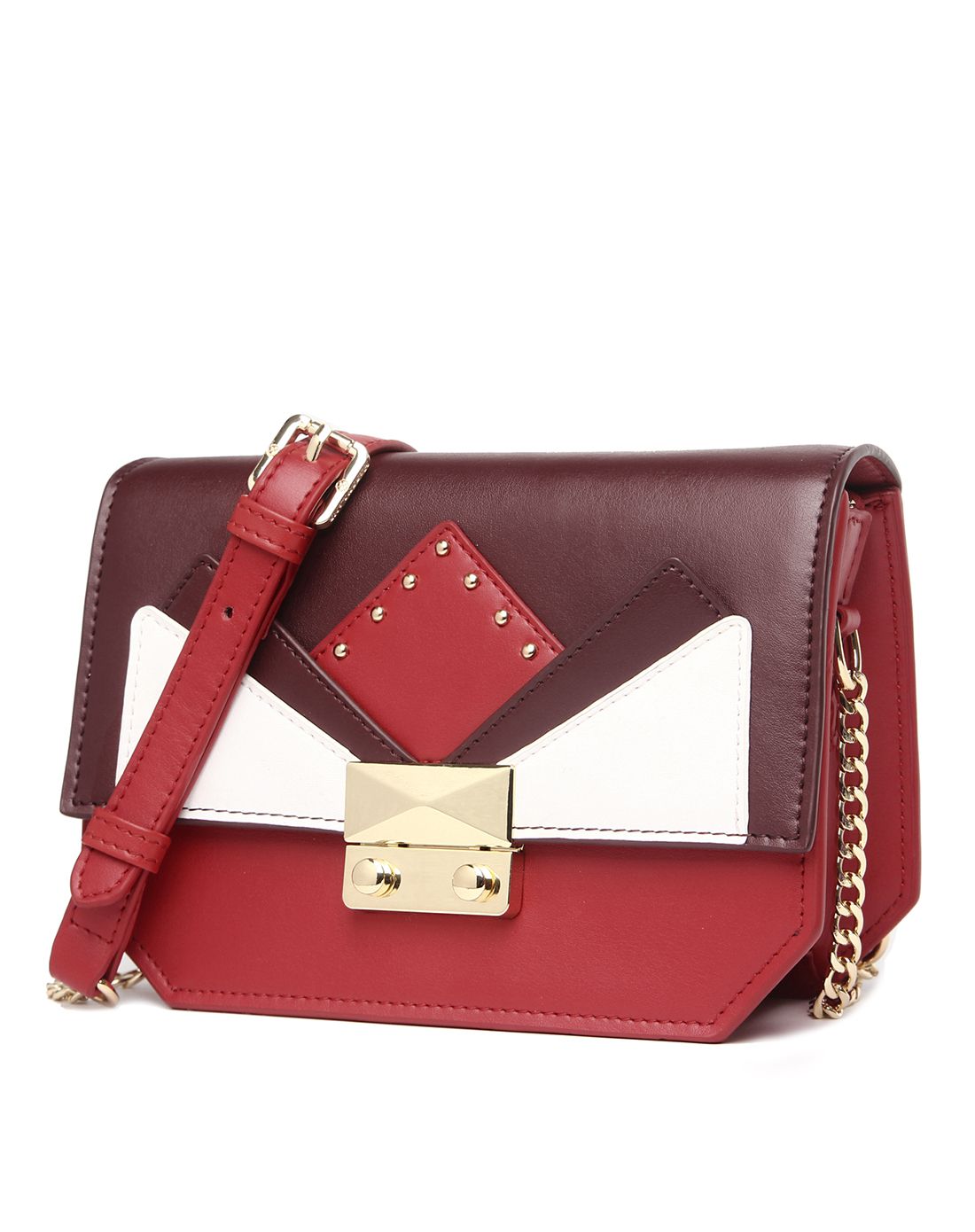 牛皮2016新品红配酒红铆钉拼接斜挎包