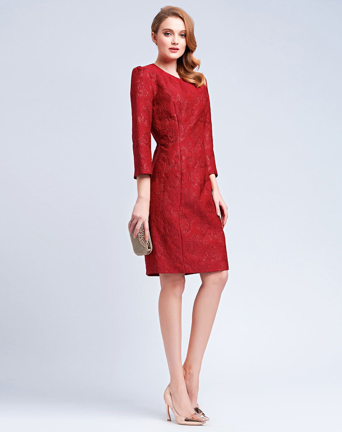 西洋红色圆领宫廷复古暗花长袖连衣裙