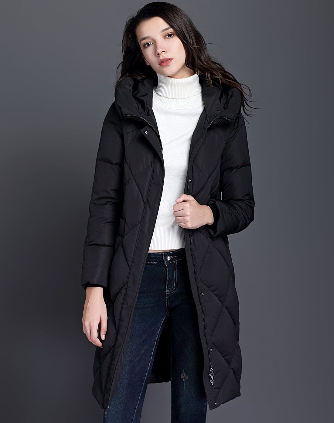 卡雷尔cerel vogue漆黑色带帽经典百搭大菱格羽绒服2f340044800089