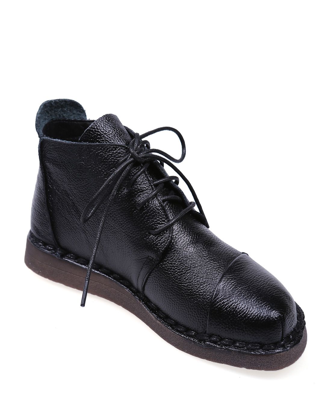 吐火罗牛皮黑色系带短靴