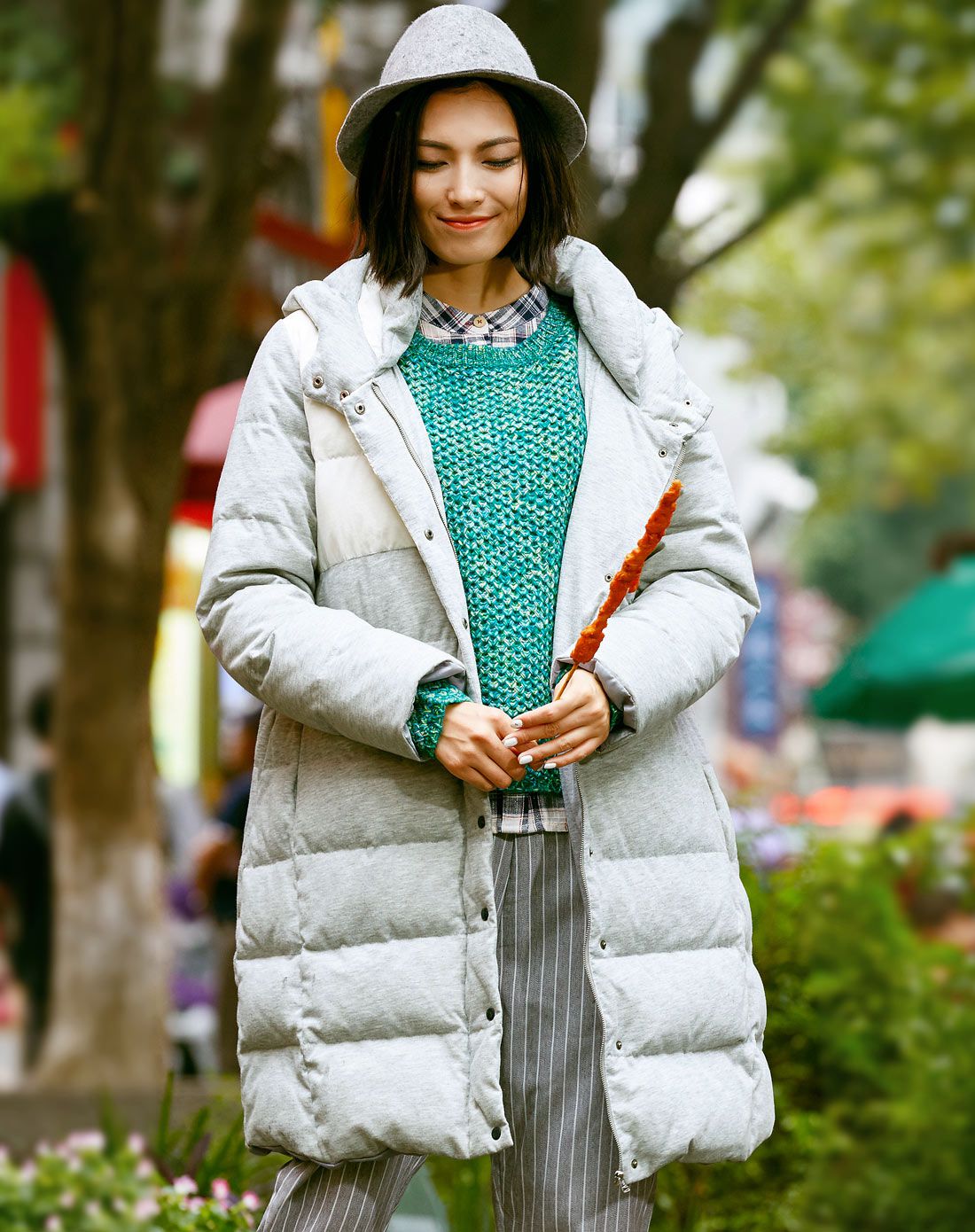 森宿sams tree女装专场 桑田巧克力 文艺撞色拼接连帽羽绒服