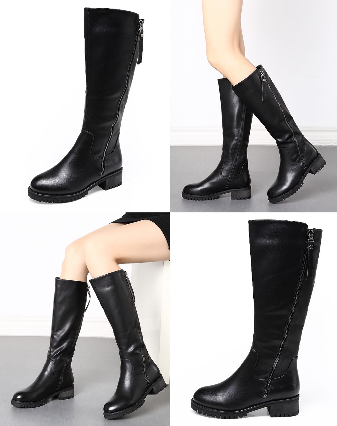 进口pu侧面拉链时尚百搭平底长军靴黑色