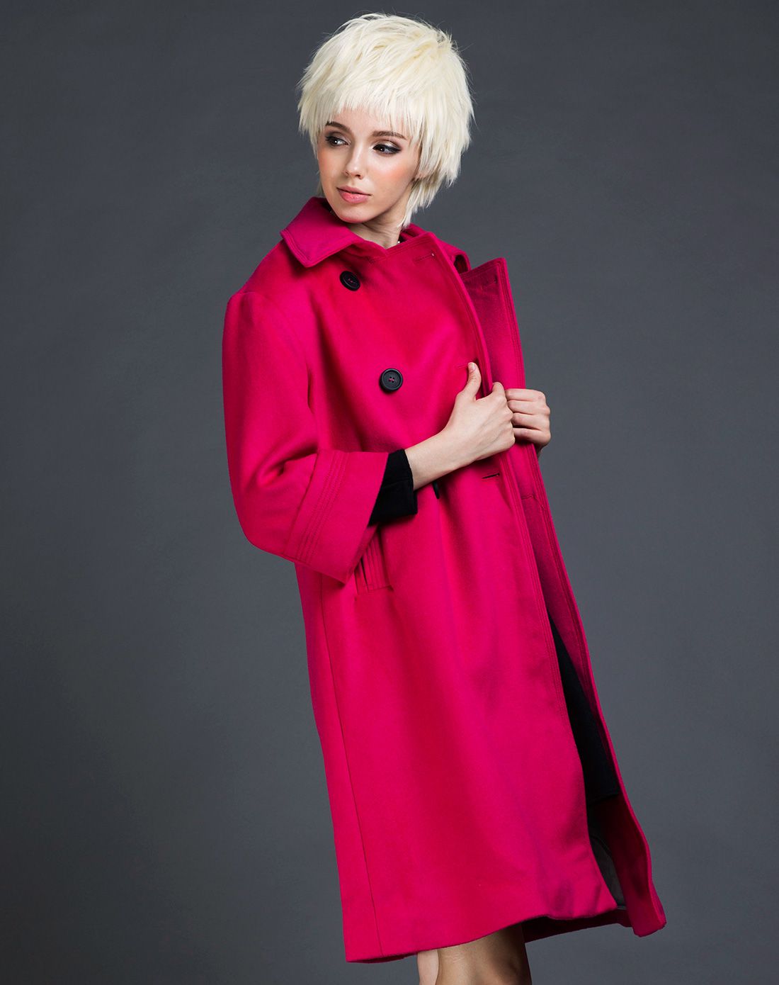 翻领双排扣毛呢大衣桃红色