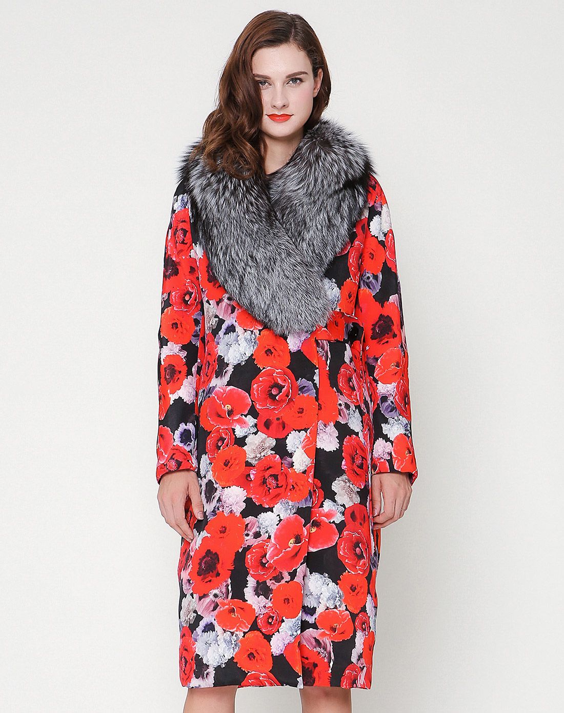 经典黑红豪华银狐毛可拆卸领重磅真丝丝绵裹衣廓形棉袄