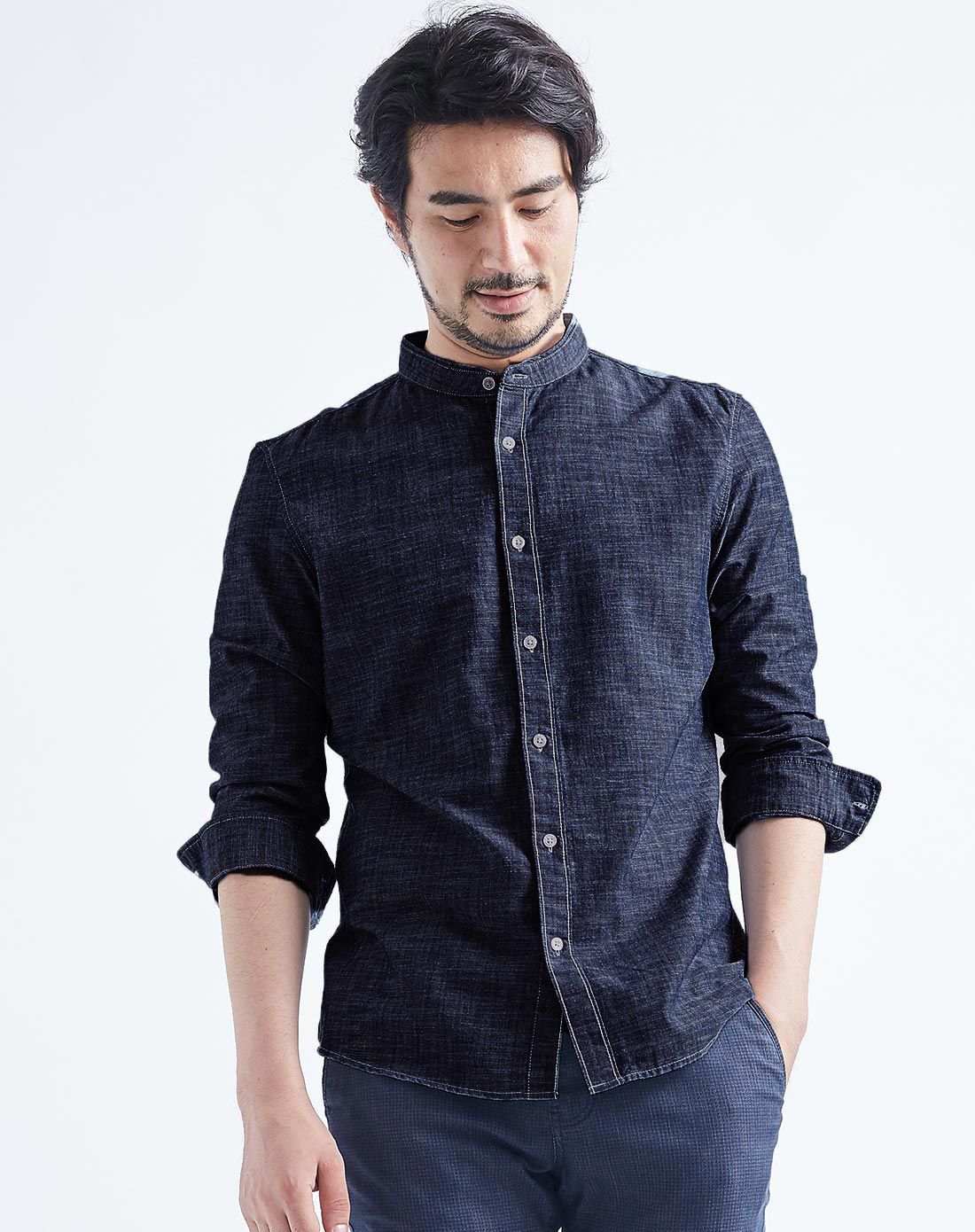 竹节棉小立领衬衫