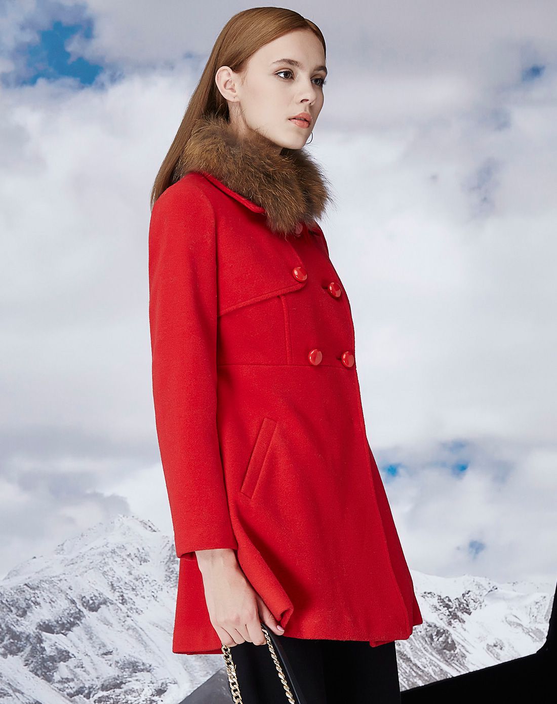 朱红色简约气质收腰毛呢大衣