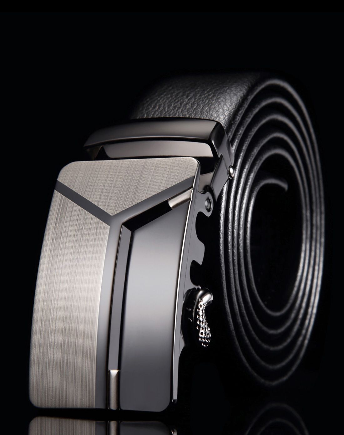 牛皮商务枪色扣黑色带身自动扣男士皮带