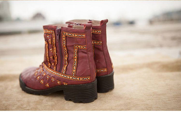 吐火罗民族风牛皮短靴红色
