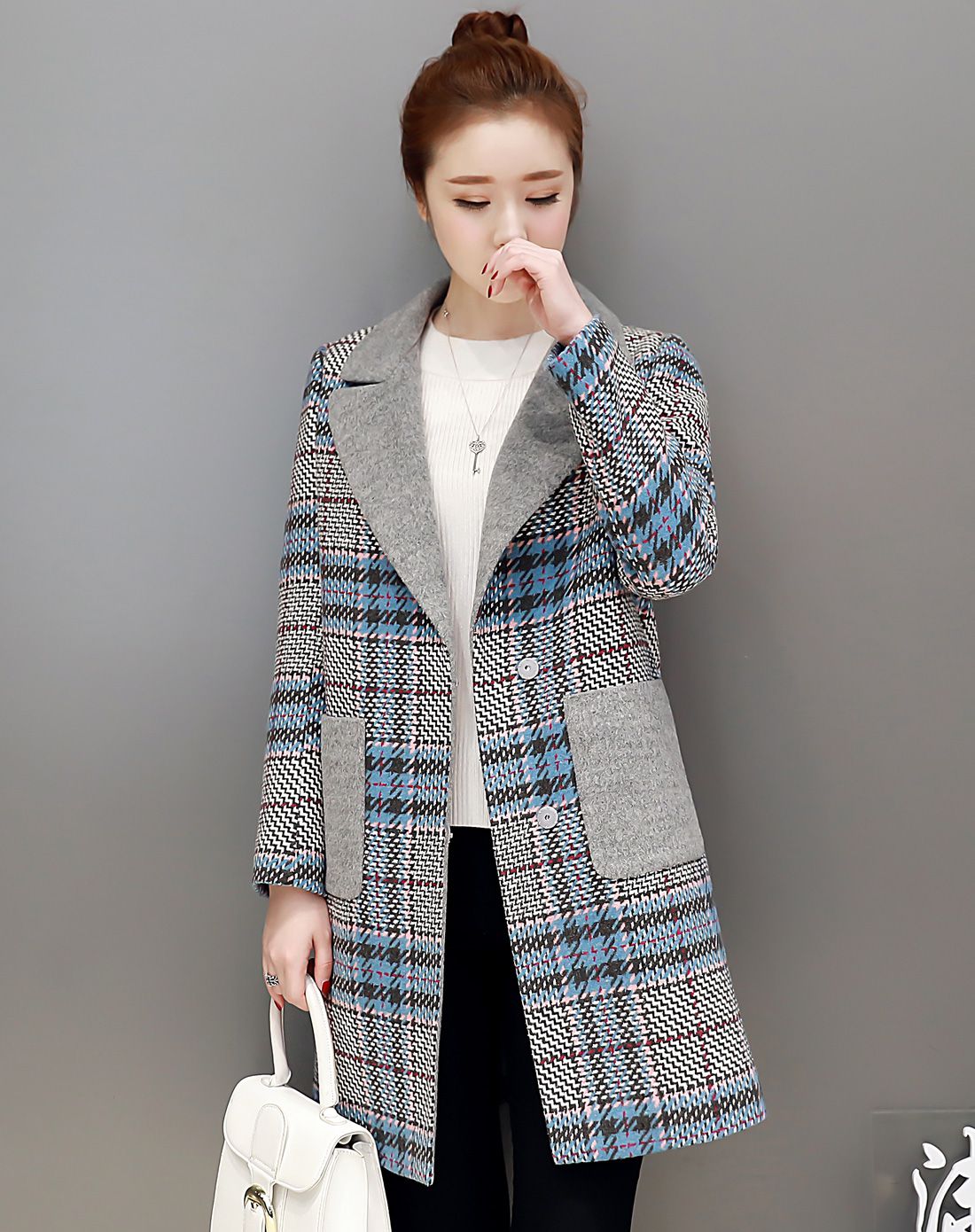 冬装翻领格子毛呢大衣粉色