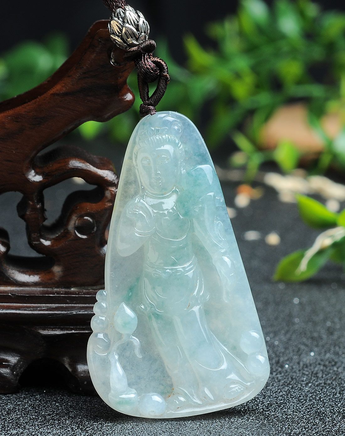 亿珍阁 天然冰种飘花如意观音翡翠挂件附证书