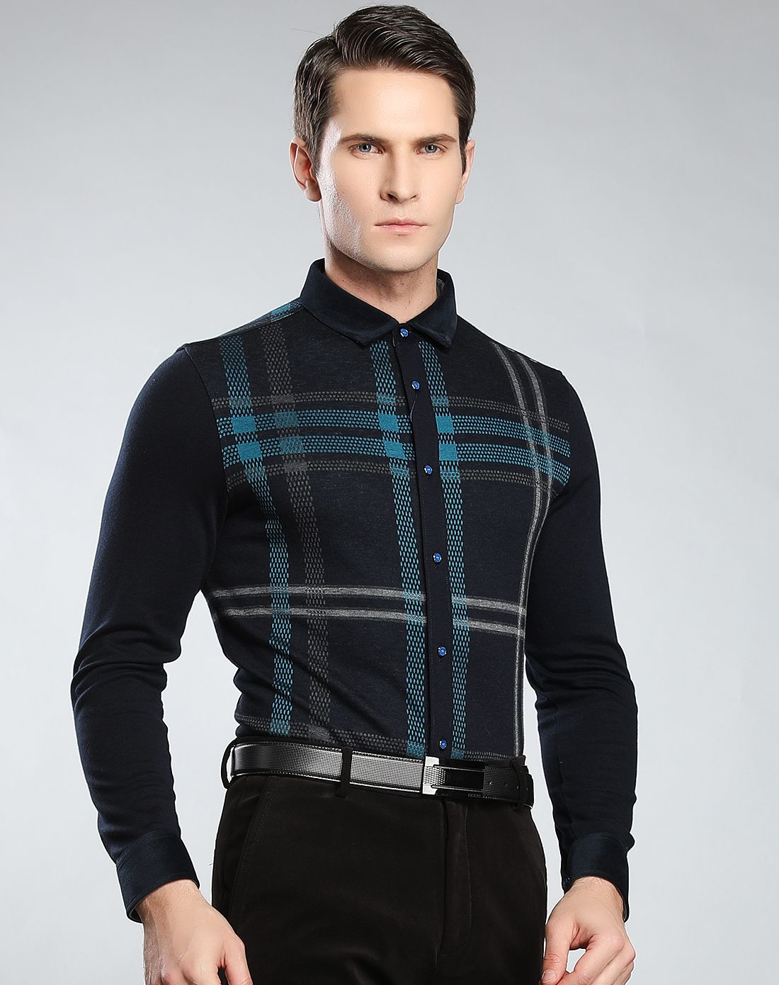 帅气格纹时尚羊毛棉混纺长袖t恤