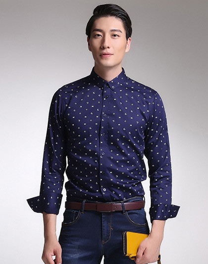 konzen韩版波点印花休闲衬衣男