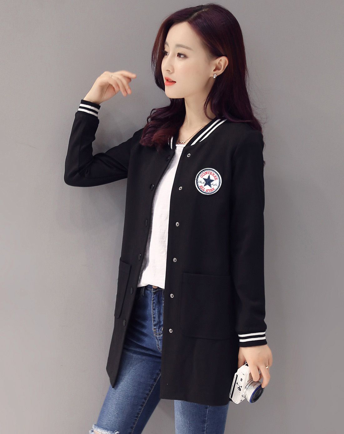 女装专场 学院风袖口条纹字母印花外套黑色 商品编码:jklmm001wt02