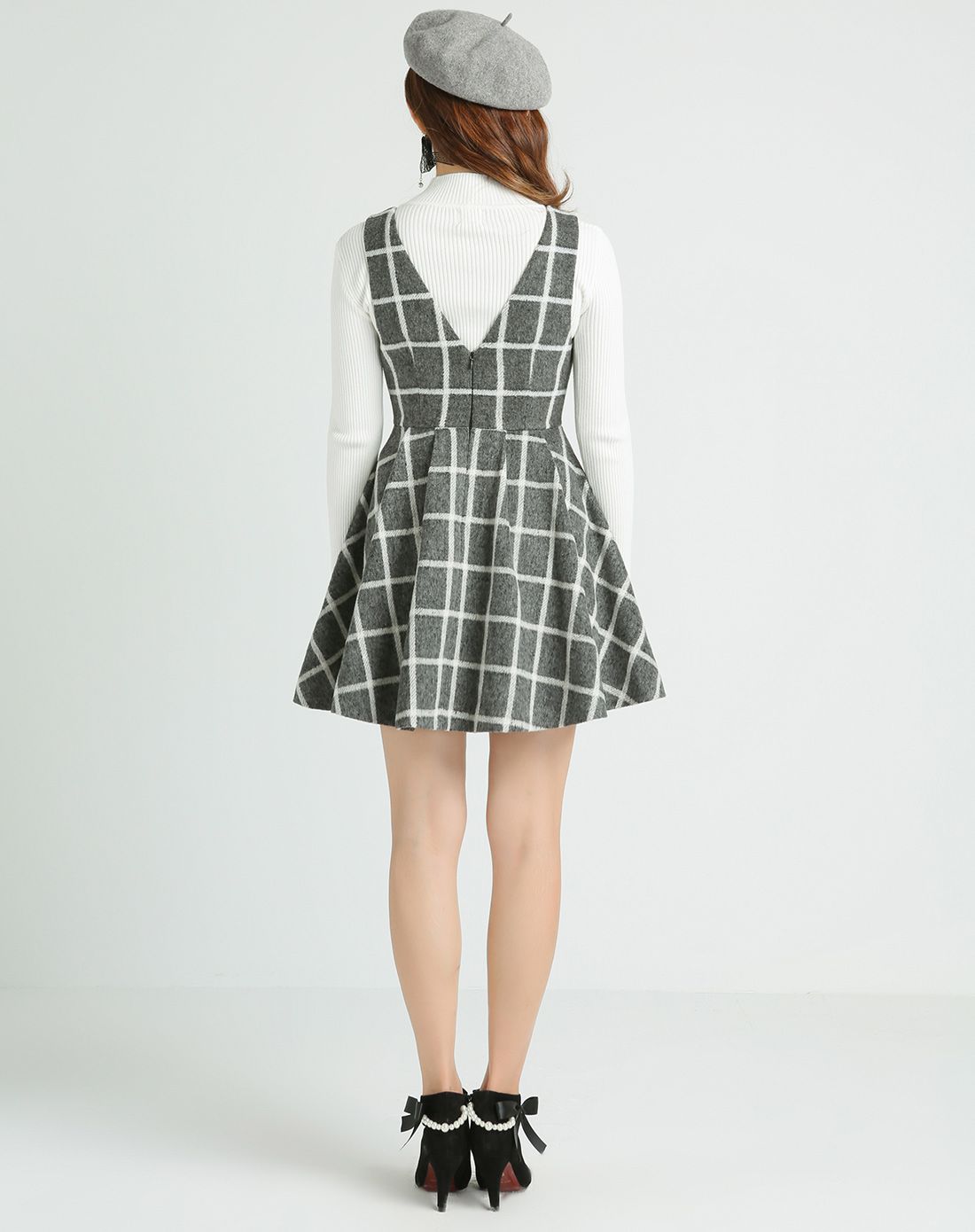 时尚格子收腰背带裙连衣裙