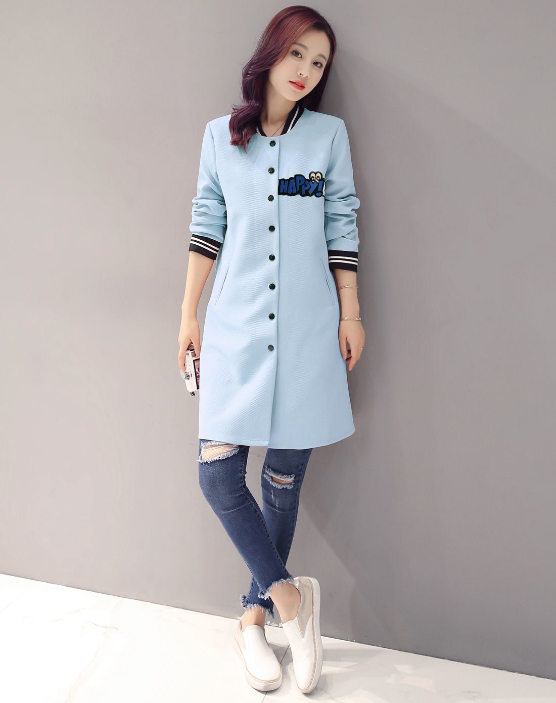 女装专场 学院风袖口条纹侧口袋休闲外套浅蓝色 商品编码:jklmm002wt