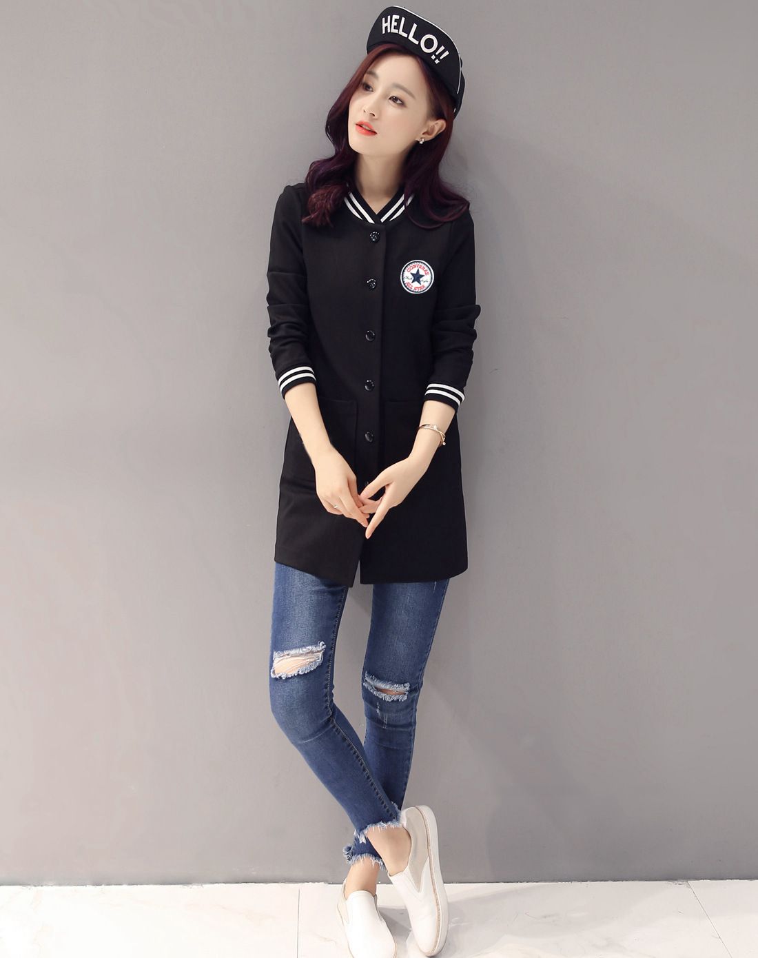 女装专场 学院风袖口条纹字母印花外套黑色 商品编码:jklmm001wt02