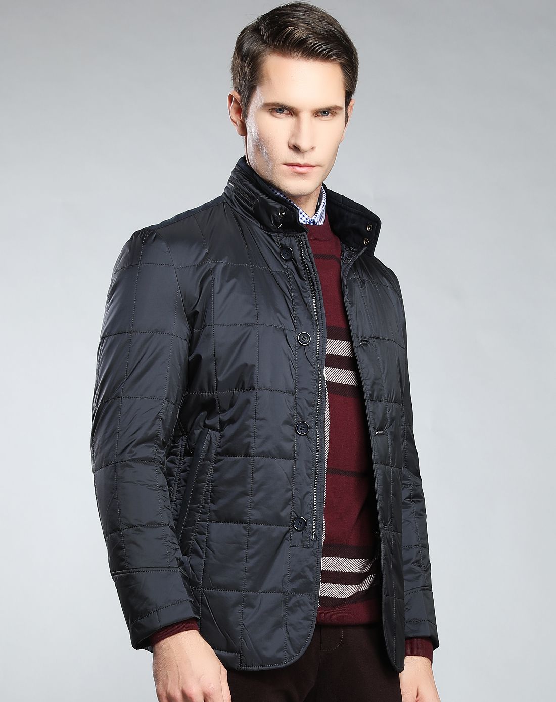澳伦61多兰立领方格压线休闲舒适帅气棉服男式外套男士棉衣81522031