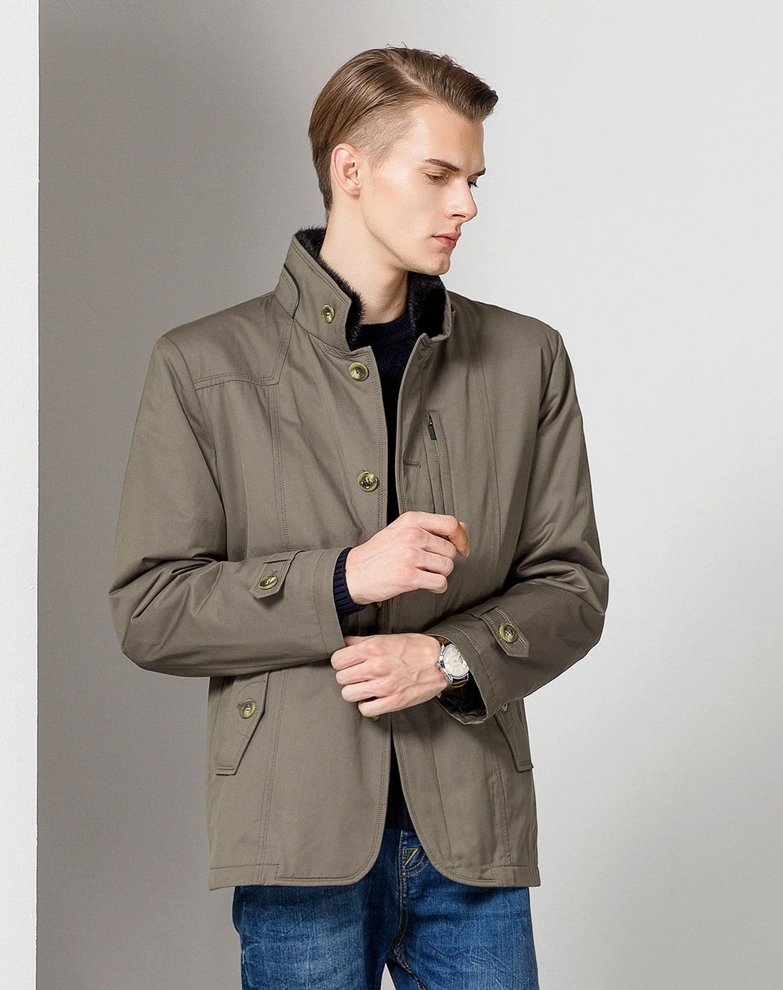 男士咖色水貂毛领兔毛内胆尼克服