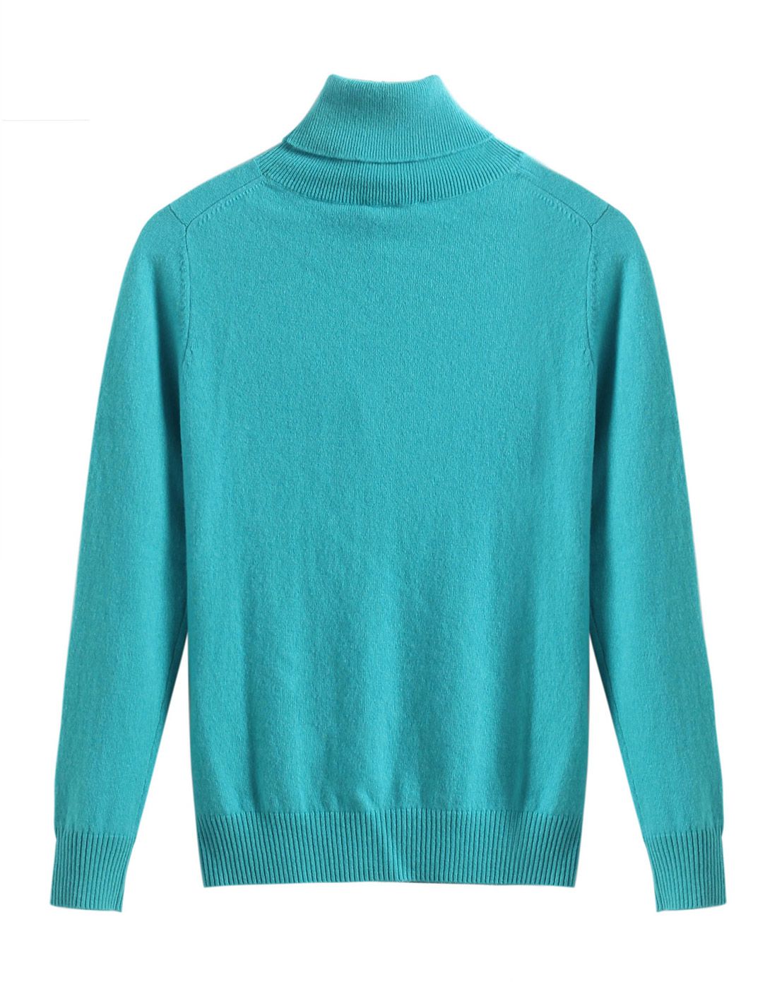 女100%山羊绒净色平面高领套衫浅湖蓝
