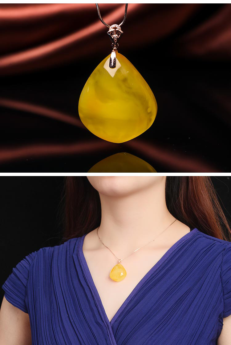 穗南18k金镶钻石 蜜蜡水滴吊坠(含链)