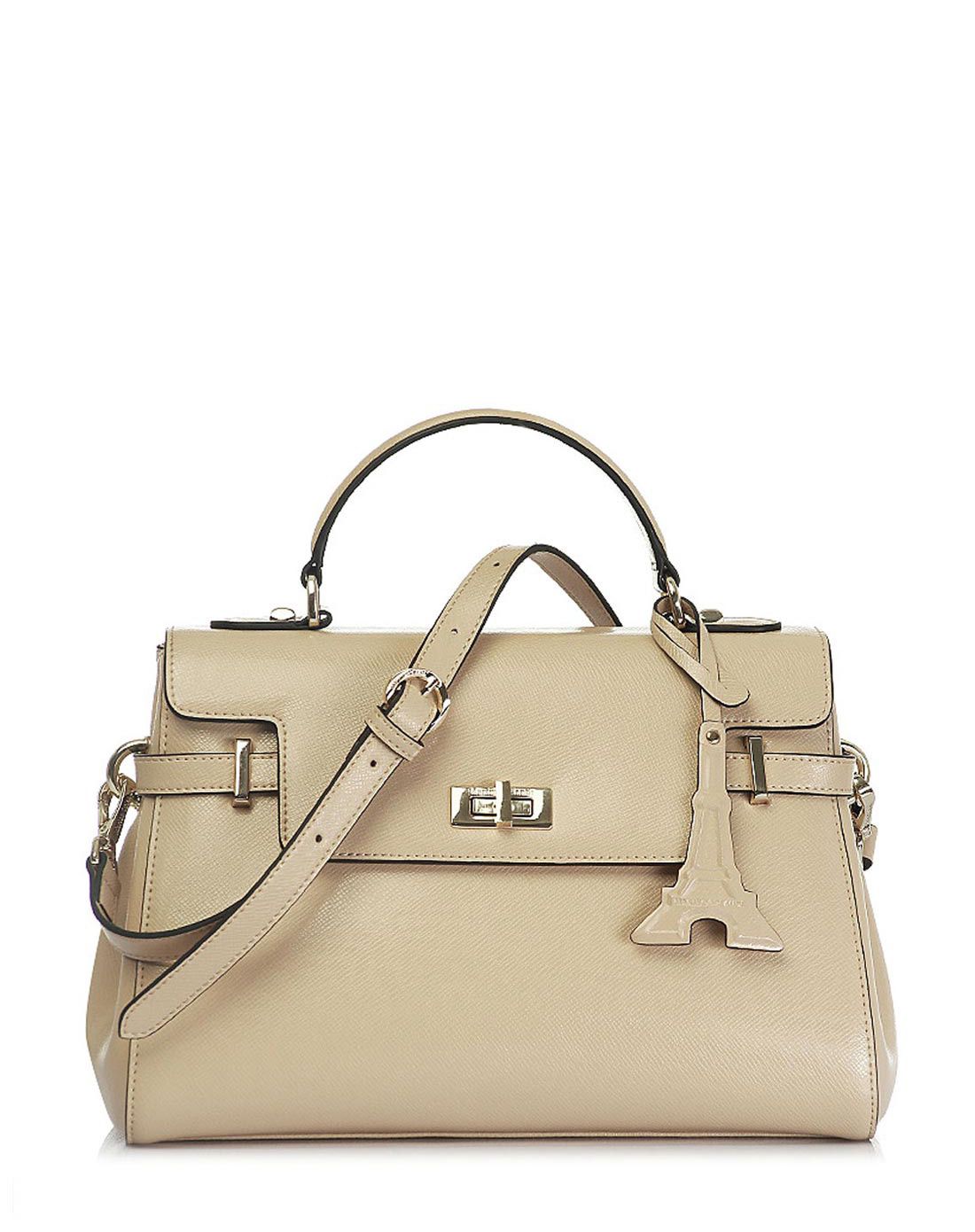 女款奶茶杏牛皮大版埃菲尔单肩手提包