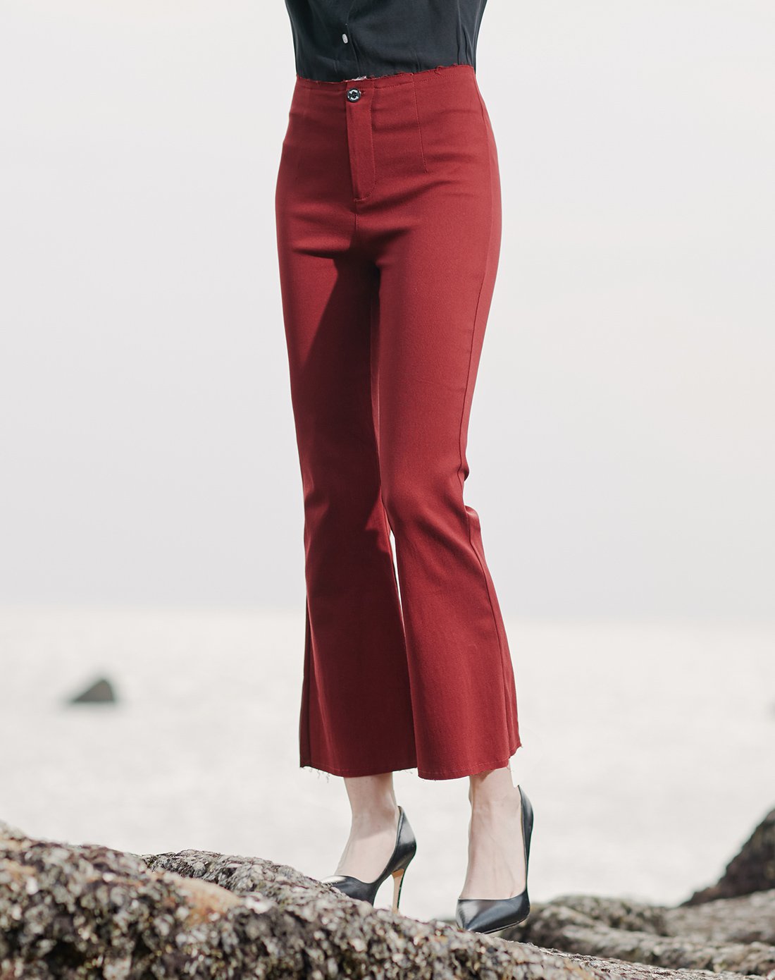 弹力阔腿连腰喇叭裤枣红色