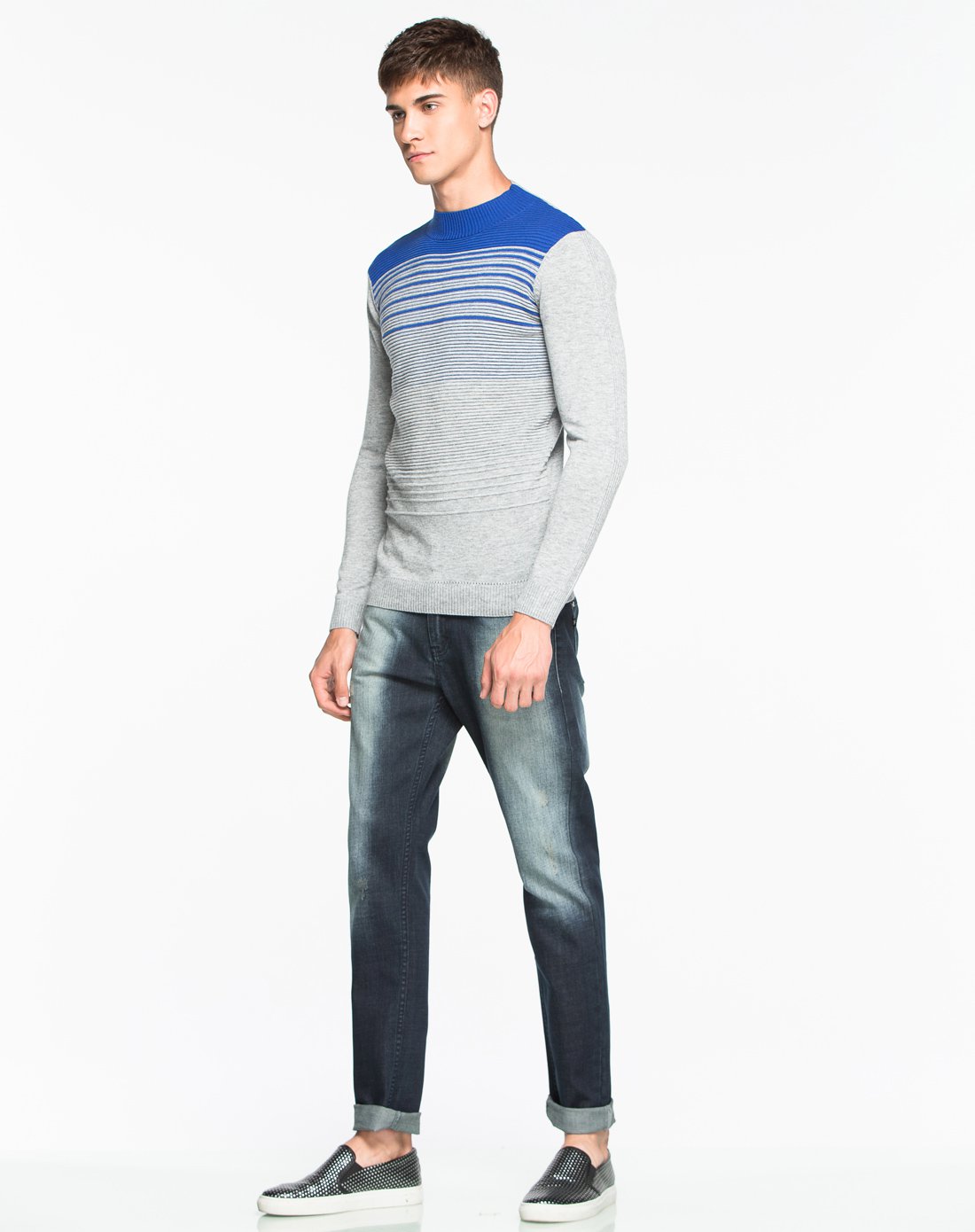 elle homme男装反季清仓专场男士秋装羊毛混纺肩部罗纹编织长袖针织衫