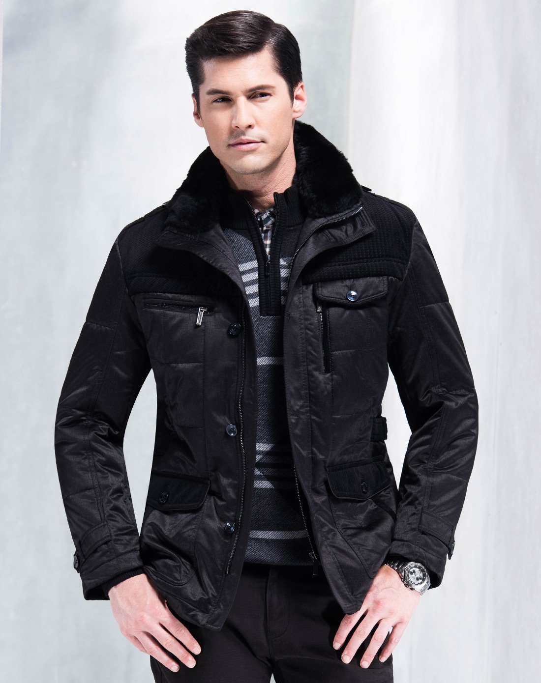 男士秋装时尚百搭獭兔毛领棉服