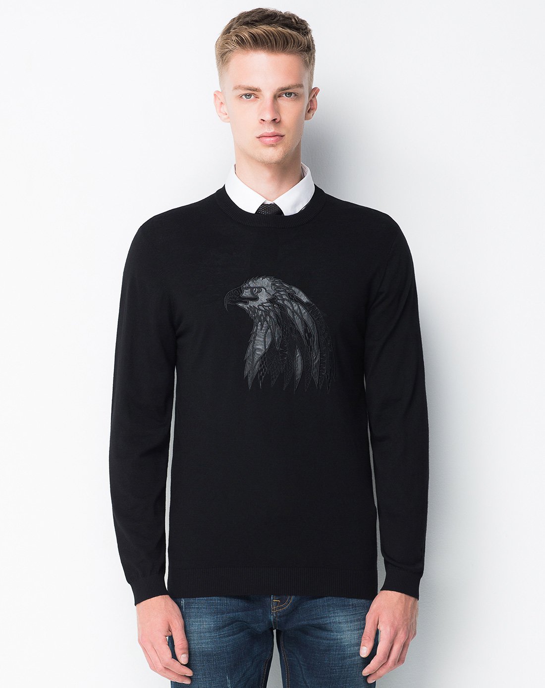【京东】elle homme男装专场 男士秋装鹰头图案羊毛混纺长袖针织衫
