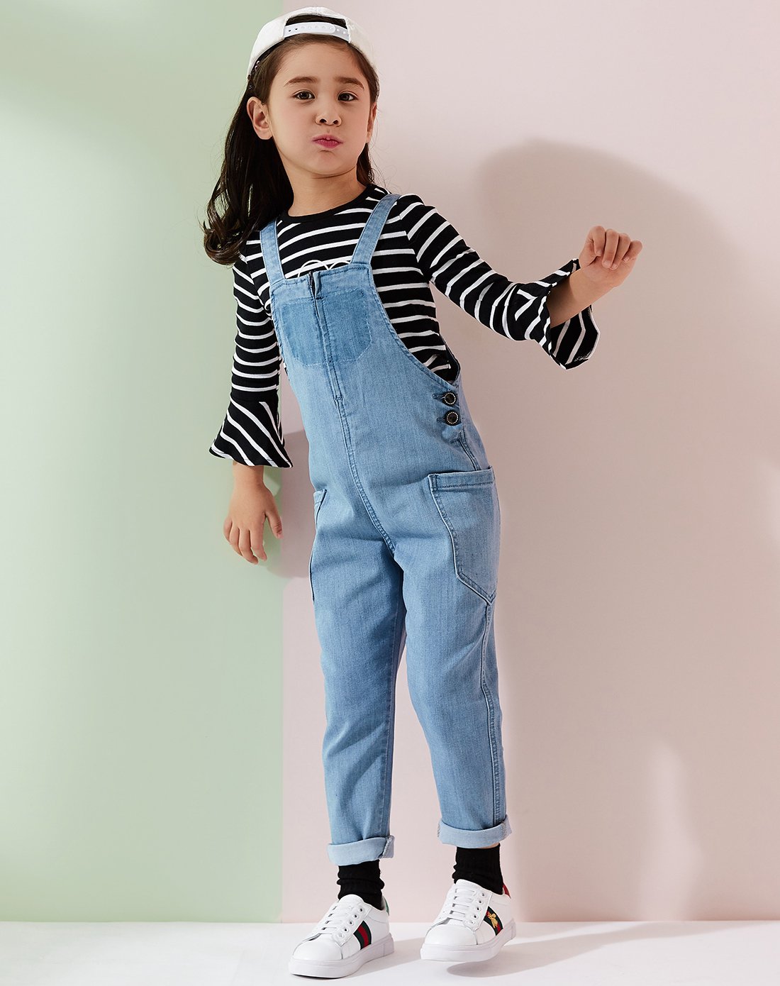 女童牛仔背带裤浅牛仔蓝
