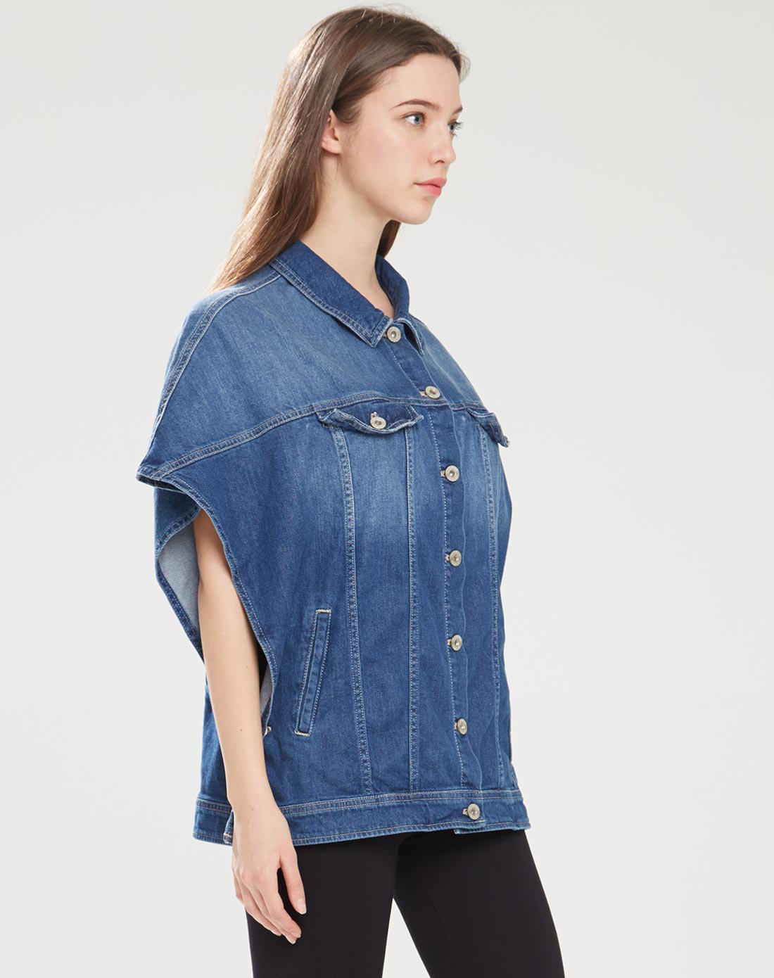 时尚创意个性无袖牛仔斗篷墨蓝印花