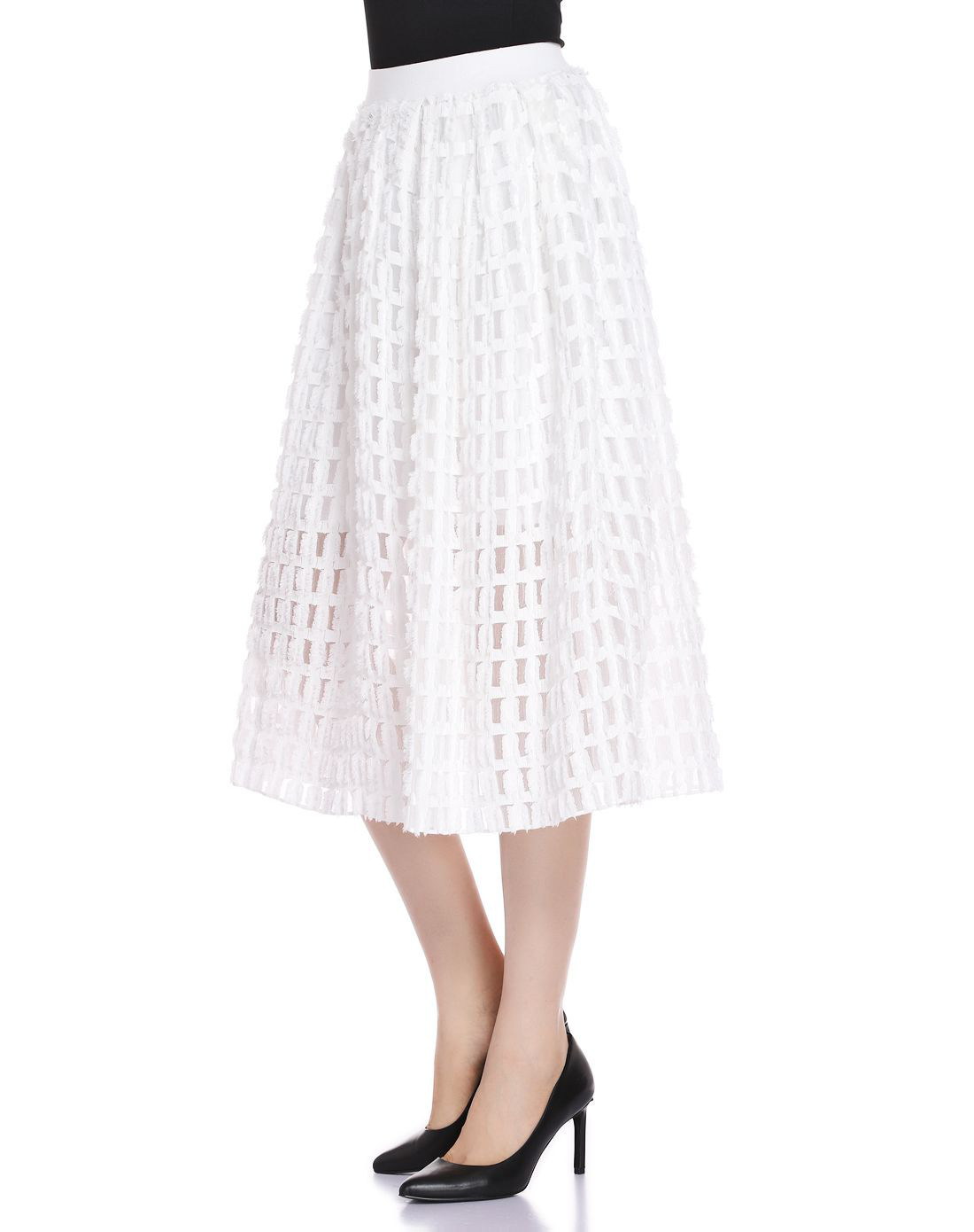 过膝中长伞裙半身裙白色