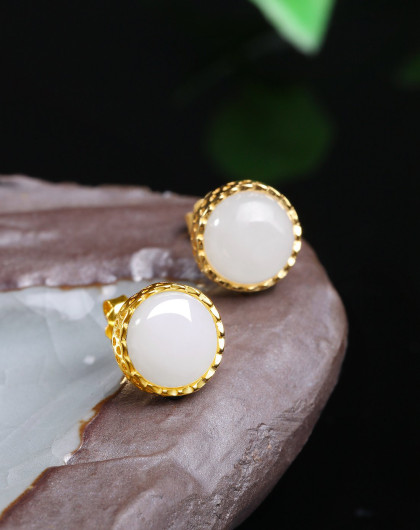 s925银镶简约优质和田玉耳钉 礼物