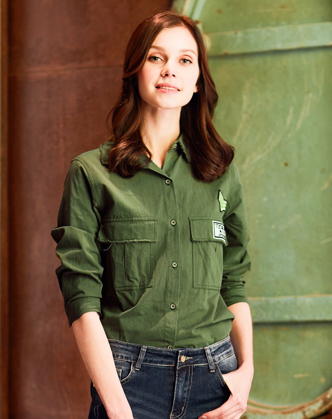 帅气时尚飞行员衬衫军绿色