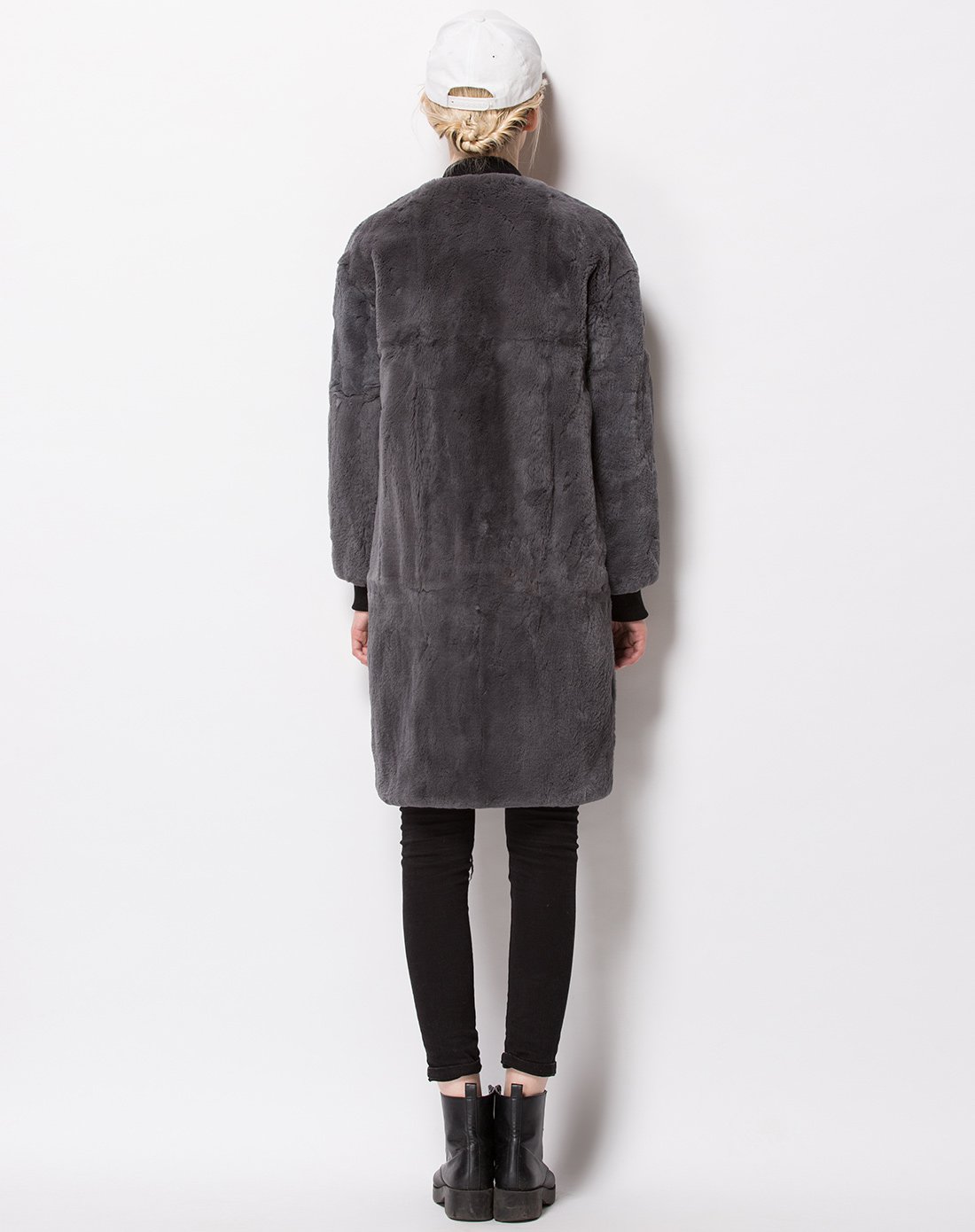 中长款棒球领獭兔毛外套深灰