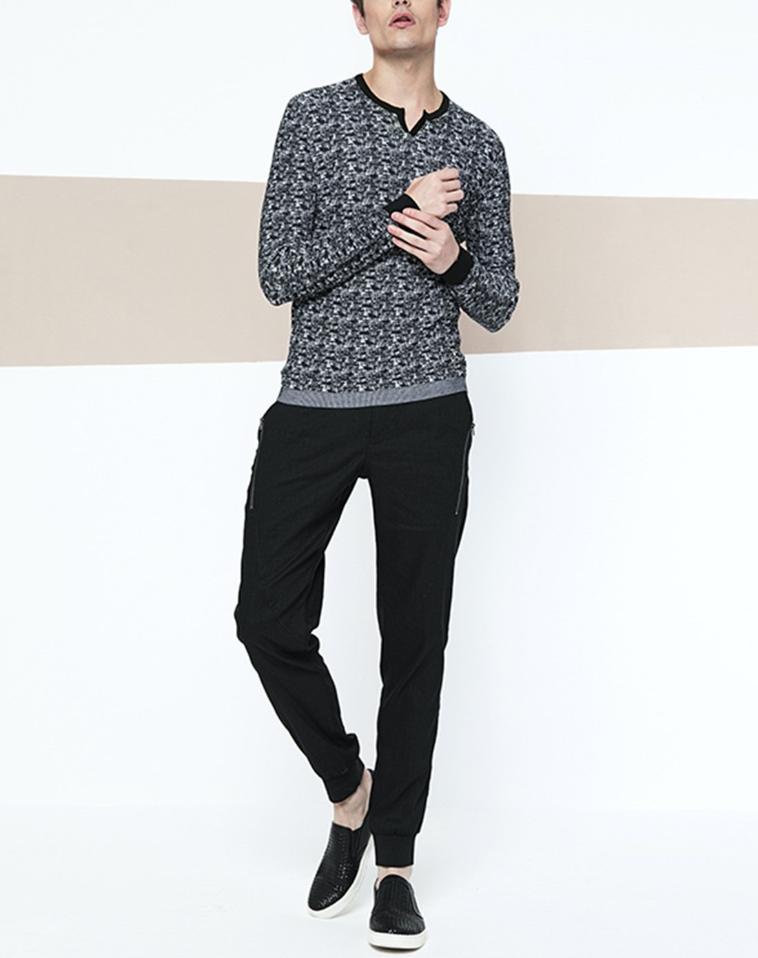 爵度gentle男装特卖旗舰店纯棉印花修身圆领长袖t恤灰色gsggt0600rhg2