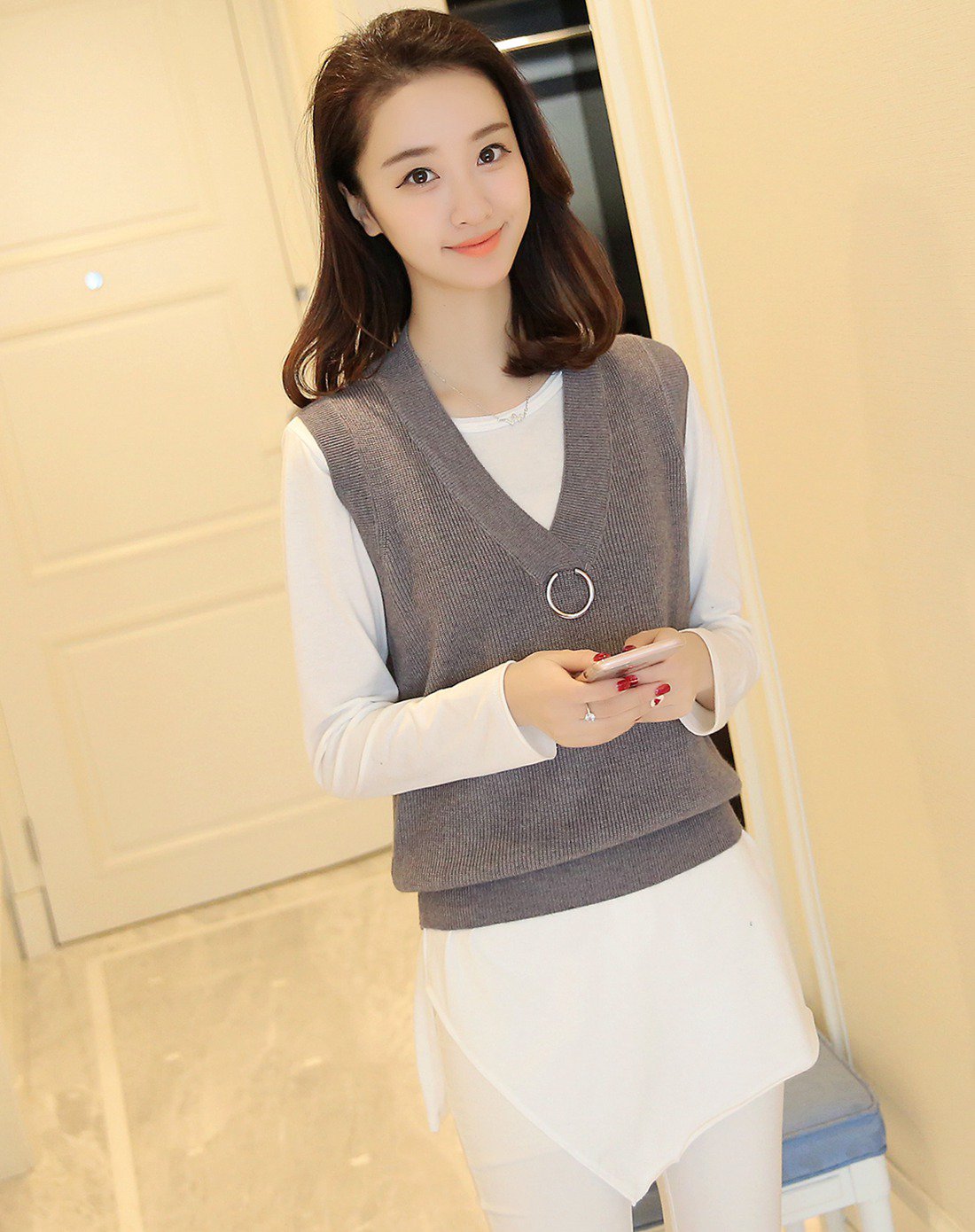 v领背心百搭针织两件套米色