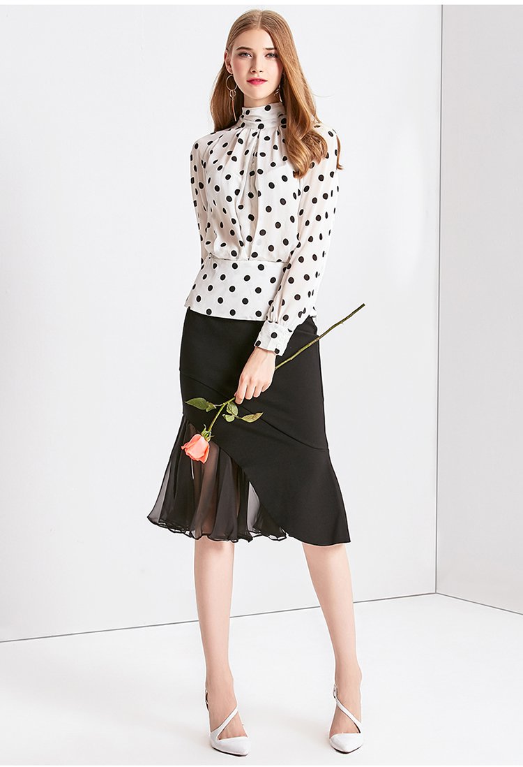 白底黑波点长袖优雅精致上衣