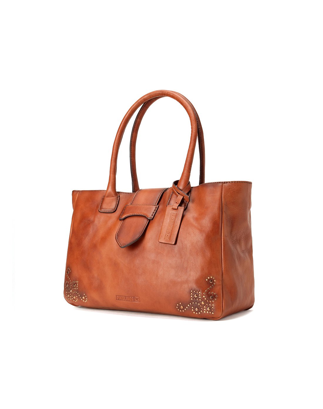 派高雁西班牙手工街心花园头层牛皮铆钉单肩手提包