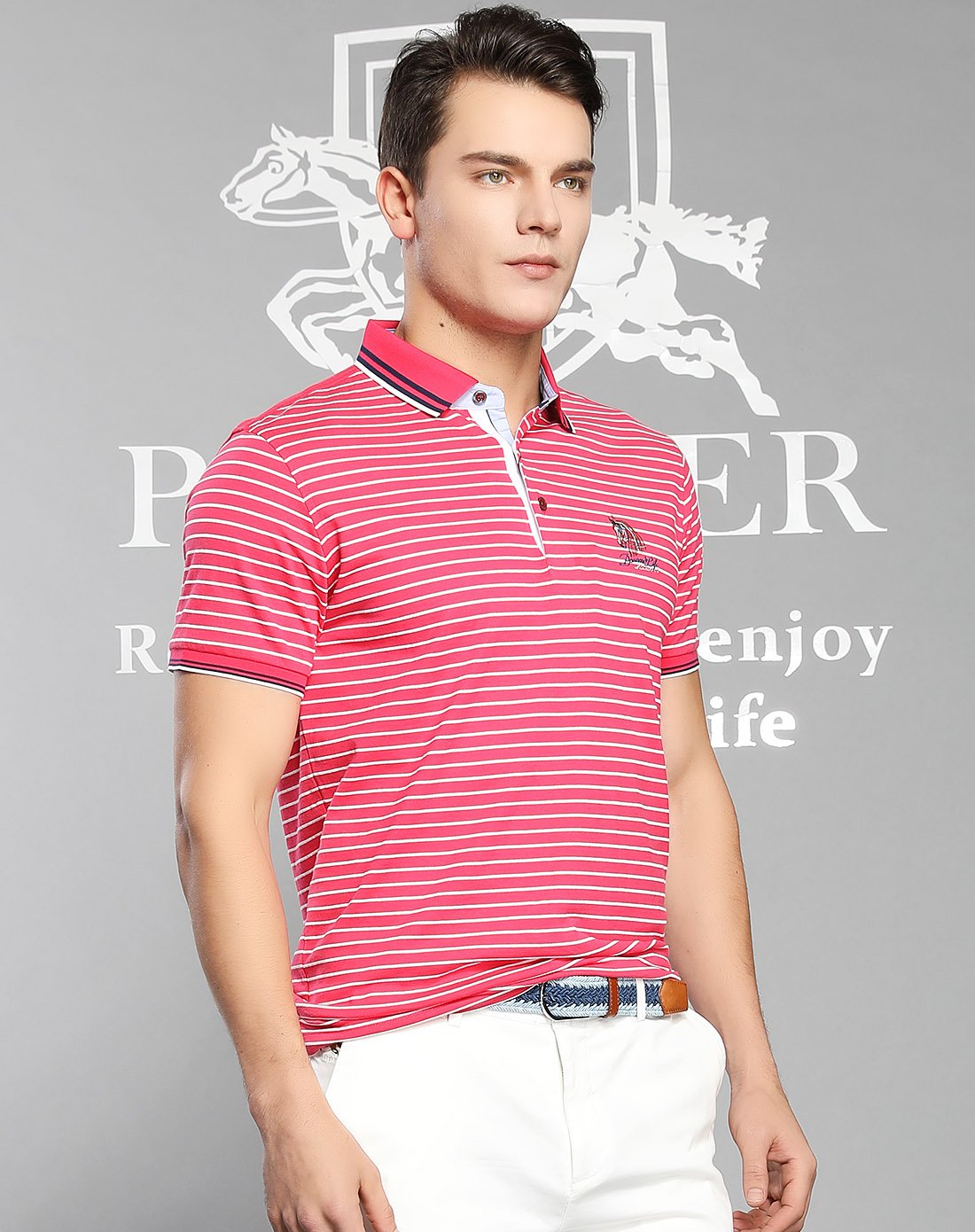 堡马posemer男装反季专场纯棉时尚横条纹舒适翻领短袖t恤8725133-139