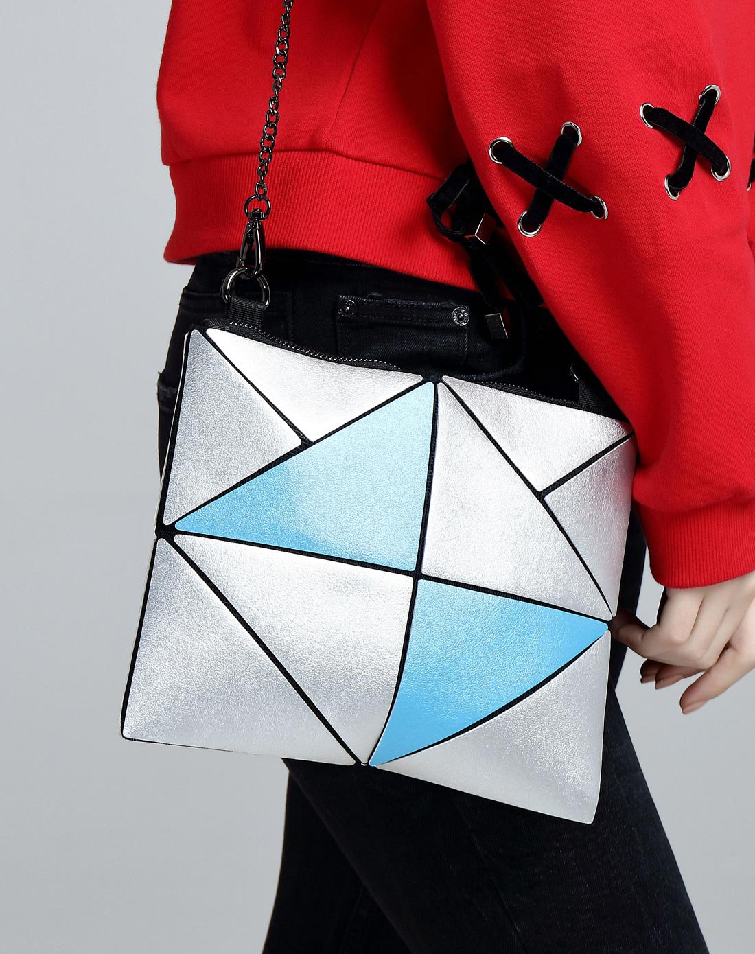 撞色特制方形斜挎拼接包